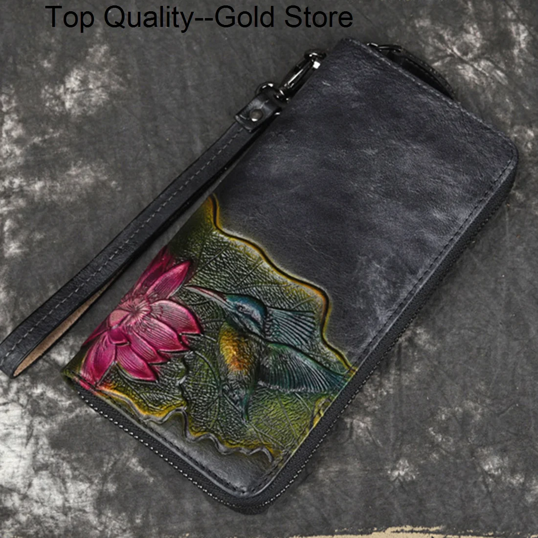 Genuine Leather Long Purse Money Handy Bag Cards Holder Bird Flower Vintage Female Cowhide Clutch Wrist Bags Women Zipper Wallet