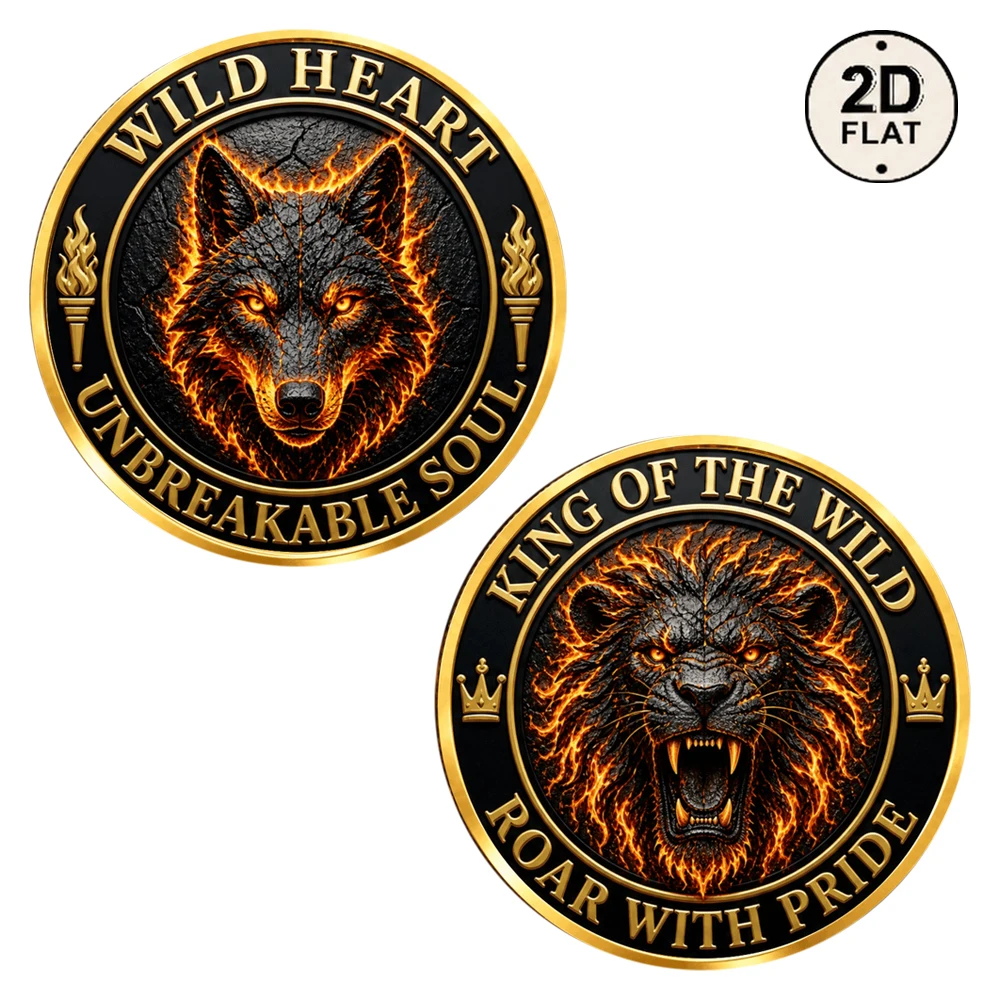 1pc Flame Wolf and Roaring Lion Commemorative Coin Wild Heart Unbreakable Soul UV Print Collectible Medal Gift for Wildlife Fans