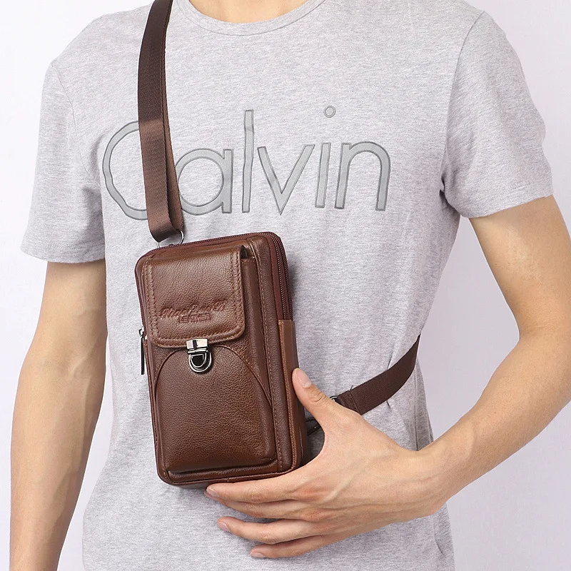 

Men's cross body bag real leather multi-function 7 "mobile phone waist bag wear leather belt leather chest bag