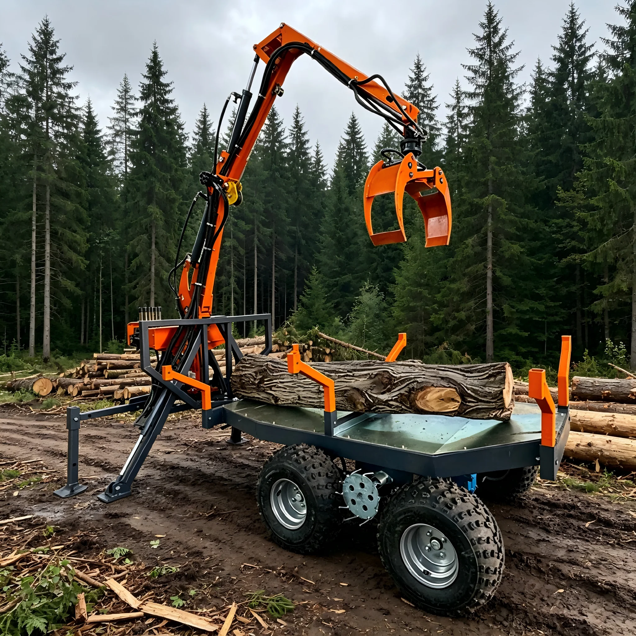 Logging Timber Trailer with 360° Rotating Hydraulic Grapple, Heavy Frame Stabilizer Legs for ATV Wood Hauling