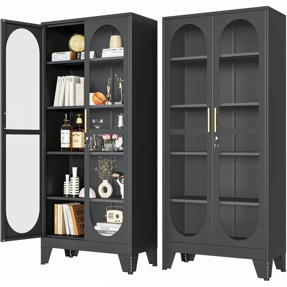 71" H Locking Display Cabinet with Glass Door, Metal Curio Cabiwith 4 Adjustable Shelves, Tall Liquor Cabinet Display Case or Li