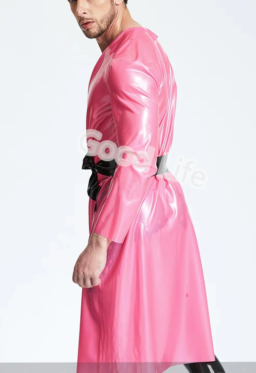 100% Latex Man Catsuit Gummi pink  windbreaker belt long handsome party cosplay comfortable  0.4 mm