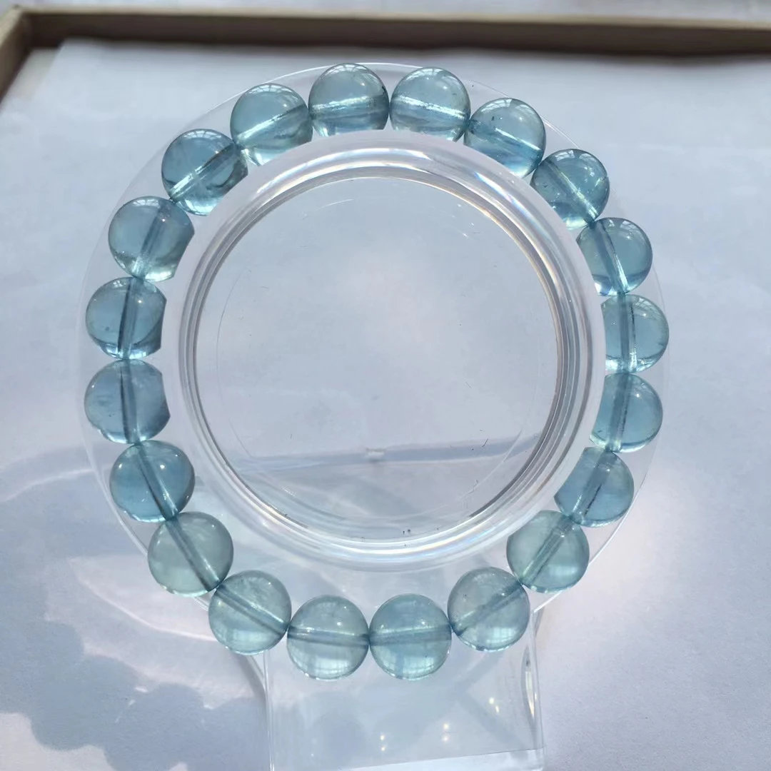 Natural Blue Aquamarine Clear Round Beads Bracelet 9.5mm Women Men Brazil Stretch Blue Aquamarine Jewelry AAAAA