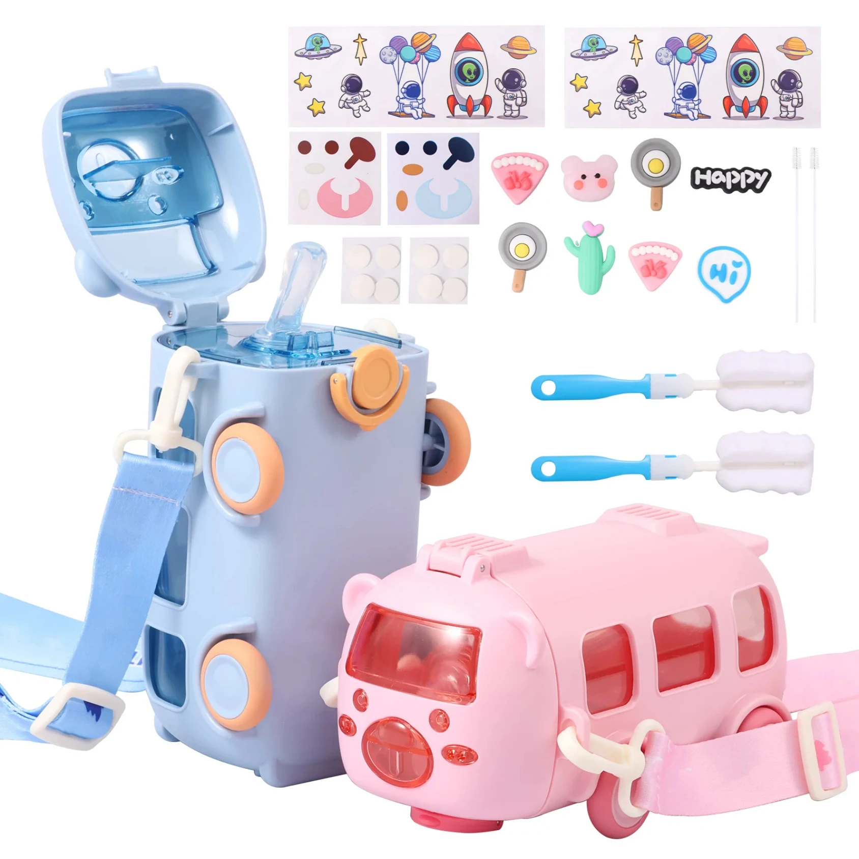 

2 шт., 500 мл, пластиковая чашка для воды в форме автобуса, большая емкость, портативная откидная бутылка для воды с регулируемым ремешком для туристического лагеря