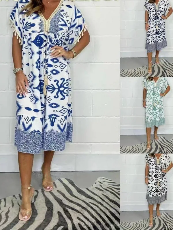 

2025 Women's Faion Printed V-ne Tassel Stitching Casual Dr Cleanfit Sle H ort Sve Loose Fit Ciwalk