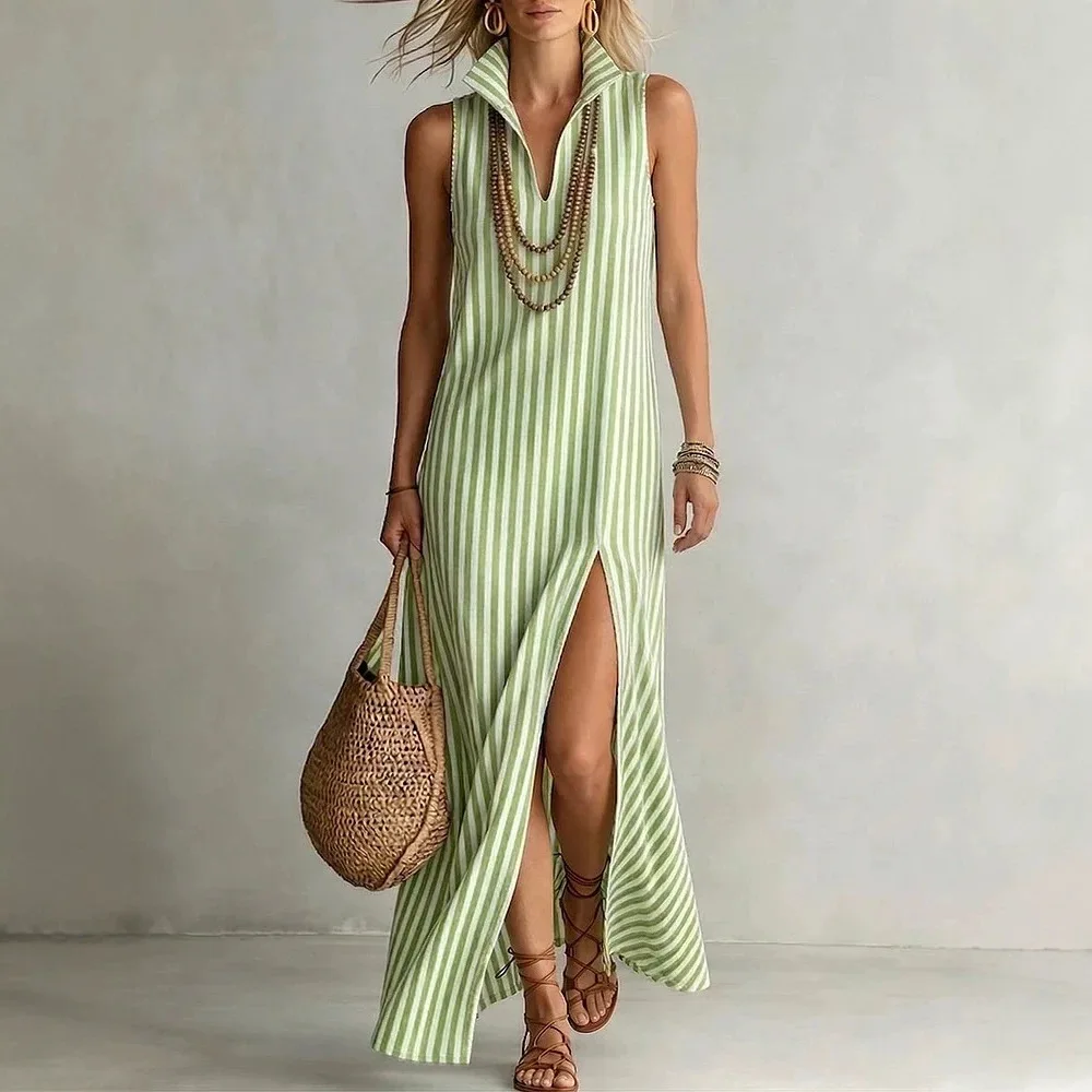 Striped Stand Collar Sleeveless Split Maxi Dress Dresses Spring Summer