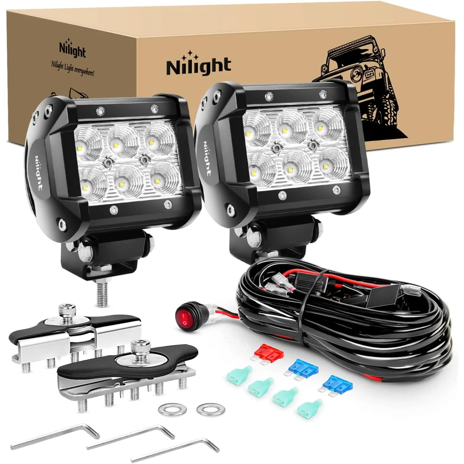 

Nilight 2PCS 4" 18W LED Work Light Pods Flood Beam with Mount Bracket Wiring Harness 2 Leads for Off Road Truck SUV Jeep