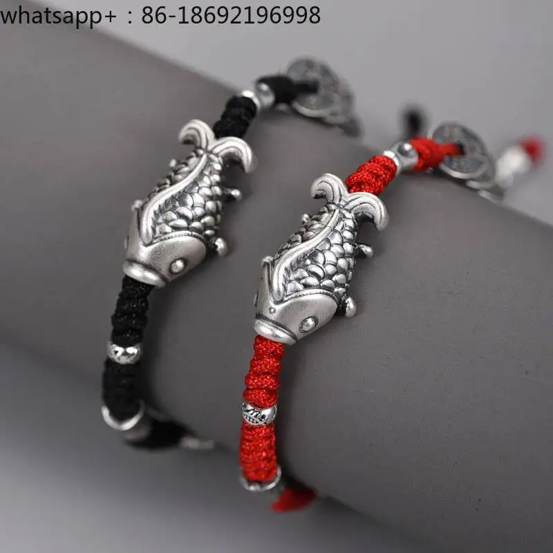 S999 Sterling Silver Koi Bracelet Men's and Women's Retro National Style Five Emperors Money Woven Ashore Red Hand Rope
