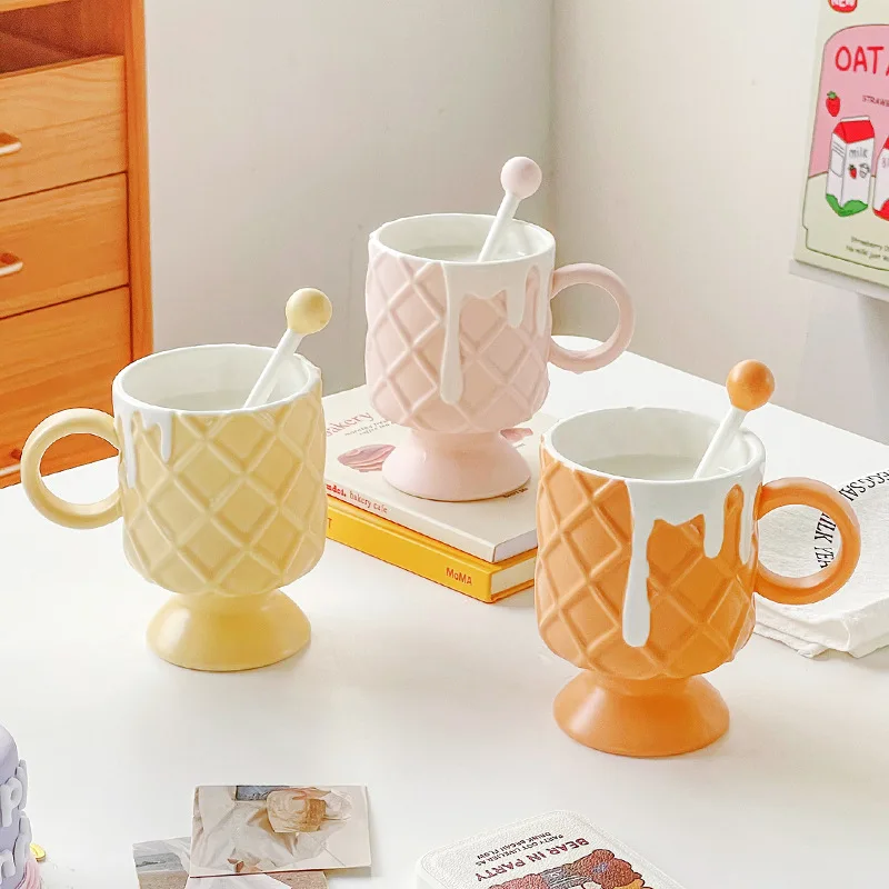 

420ml Kawaii Ice Cream Ceramic Coffee Mug With Stirring Spoon Perfect For Birthdays Gifts For Women Warm Home Gift