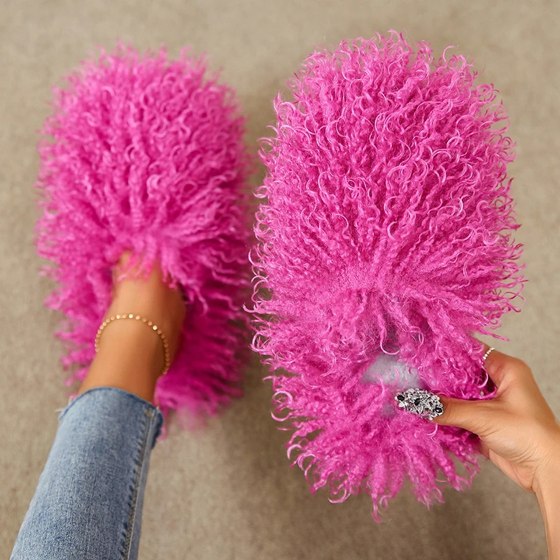 New Arrival Women Luxurious Plush Fur Slippers Fluffy Warm Cozy Slides Solid Amazing Furry Faux Fur Cotton Shoes Large Size Hot