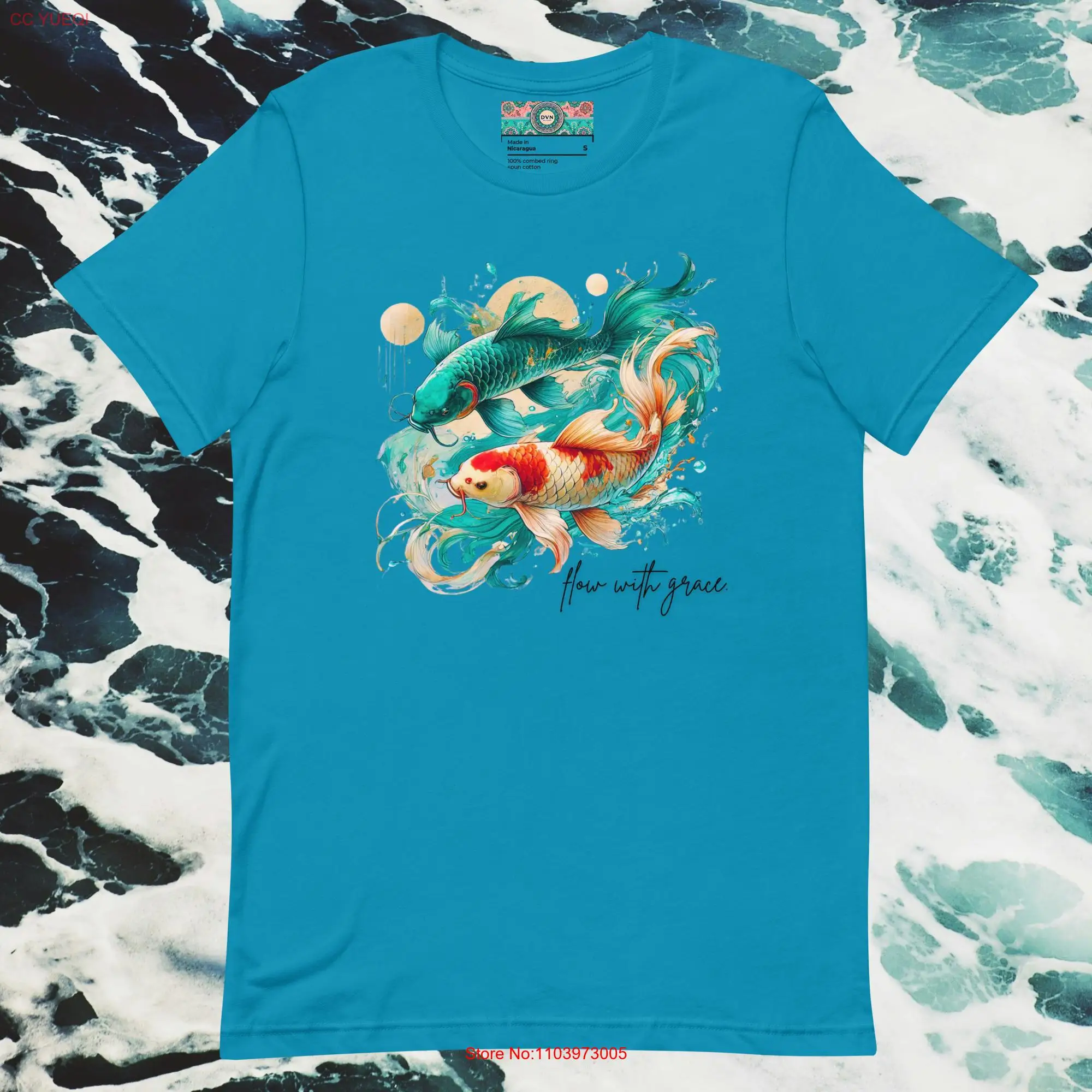 FLOW With GRACE Футболка с рыбой кои Японская акварельная художественная символ гармонии Положительная энергия Топ в стиле бохо Уникальный