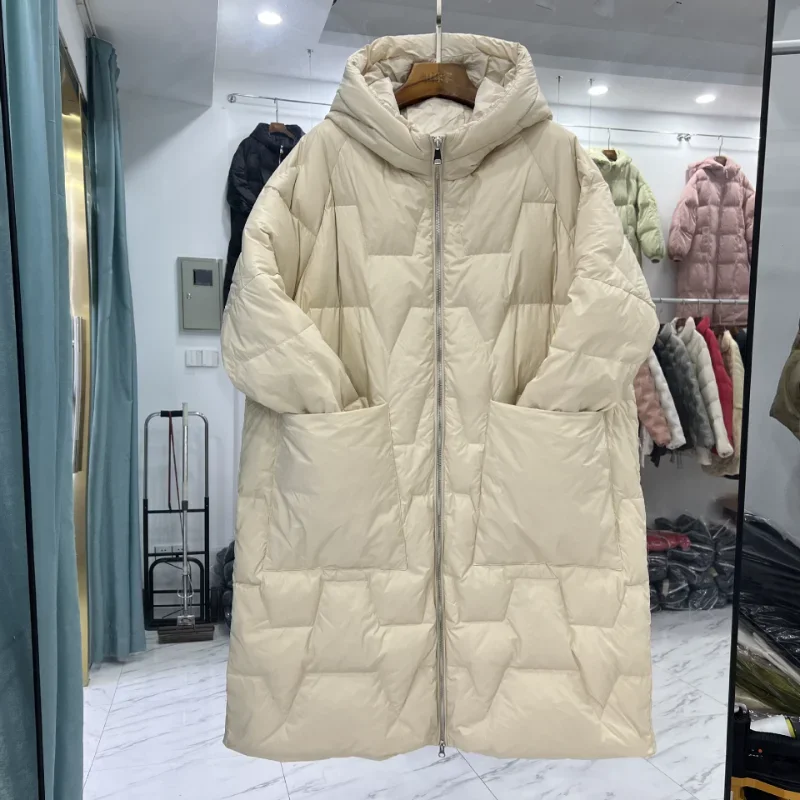 Chaqueta de plumón de pato blanco para mujer, abrigo largo de moda coreana, talla grande, holgado, con capucha, grueso y cálido, para invierno, 2023