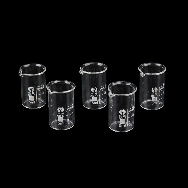 New 5Pcs Capacity 5ml Low Form Beaker Chemistry Laboratory Transparent Beaker