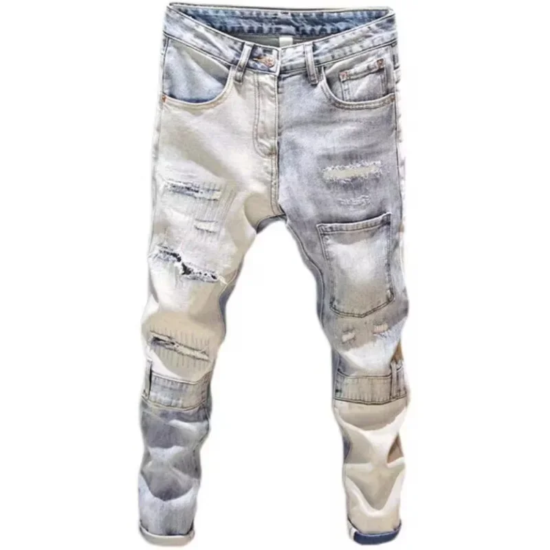 Celana Jeans Pria Model Ripped Distressed Denim Washed Panjang Se-mata Kaki Model Pensil Sambungan Patchwork Skinny Berlubang Gaya High Street