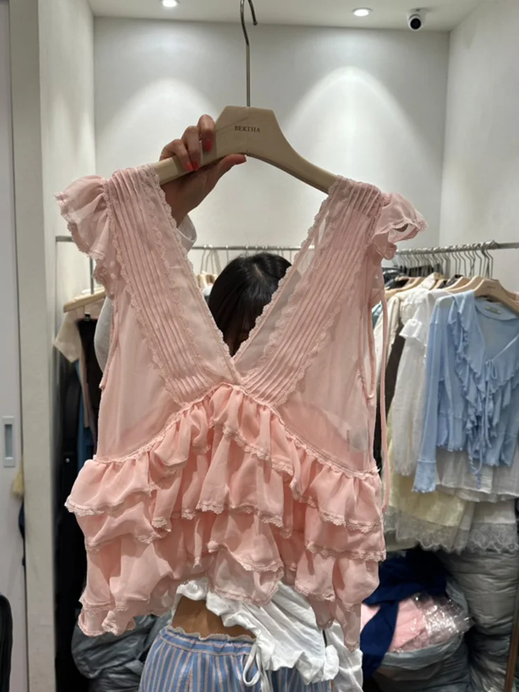 Csa de encaje sin mangas con dobladillo con volantes Bertha para mujer, versátil, estilo coreano, para ir al trabajo, mate...