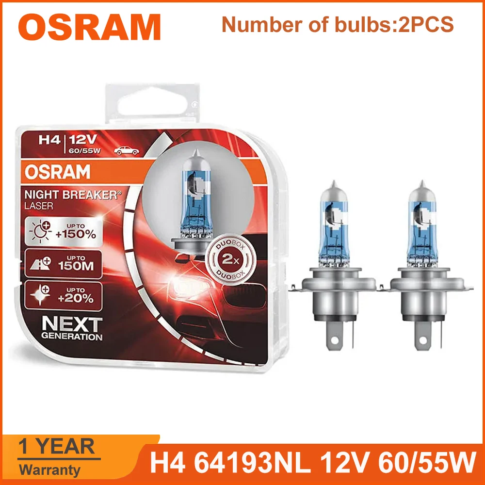 OSRAM Night Breaker Laser H4 HB2 64193NL P43t Next Generation Halogen Headlight 12V 60/55W 3700K +150% Bright Auto Bulbs (Pair)