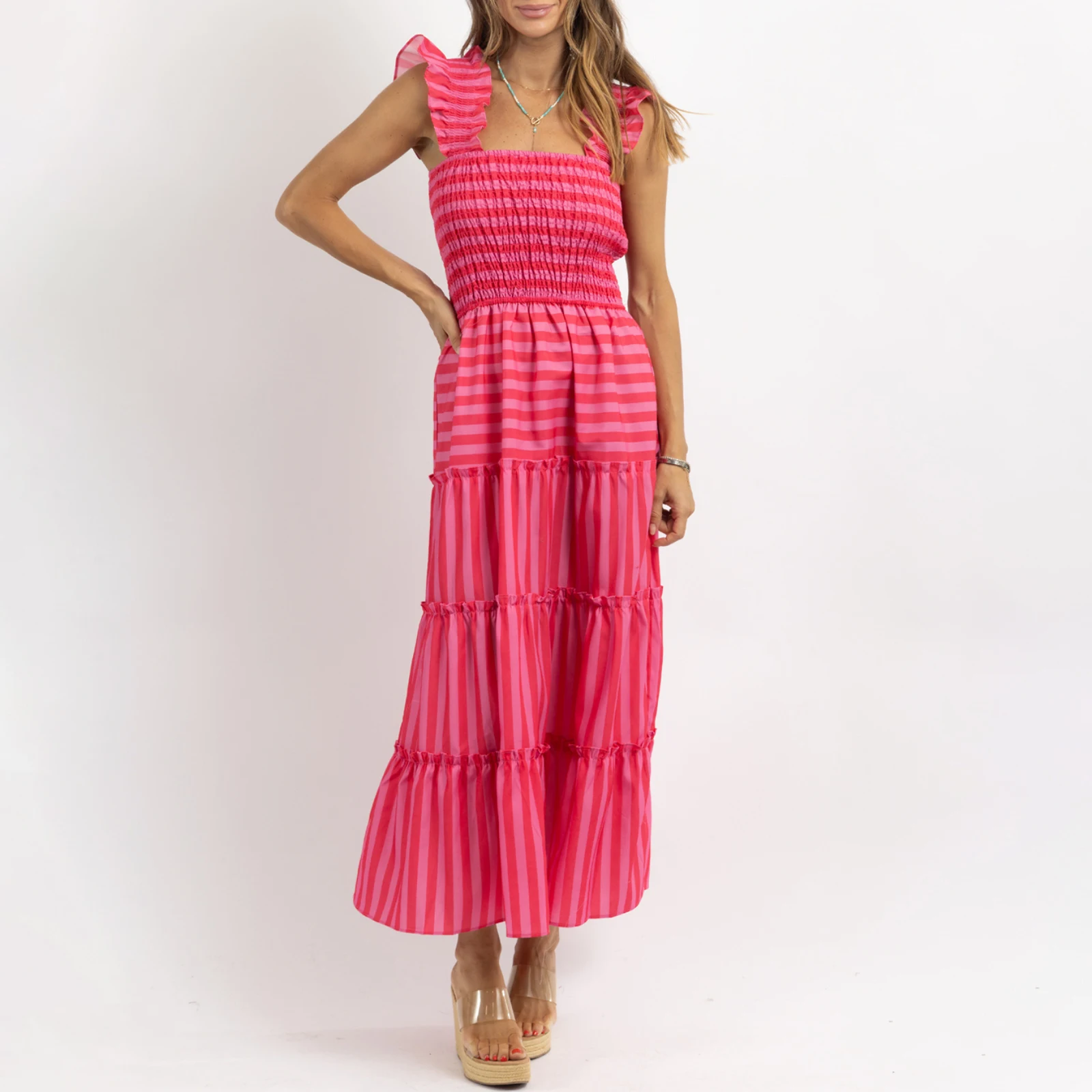 Thorn Tree Women Ruffles Strap Striped Gingham Ruched Maxi Dress Kawaii Summer A Line Long Cami Casual Boho Vacation Sundress