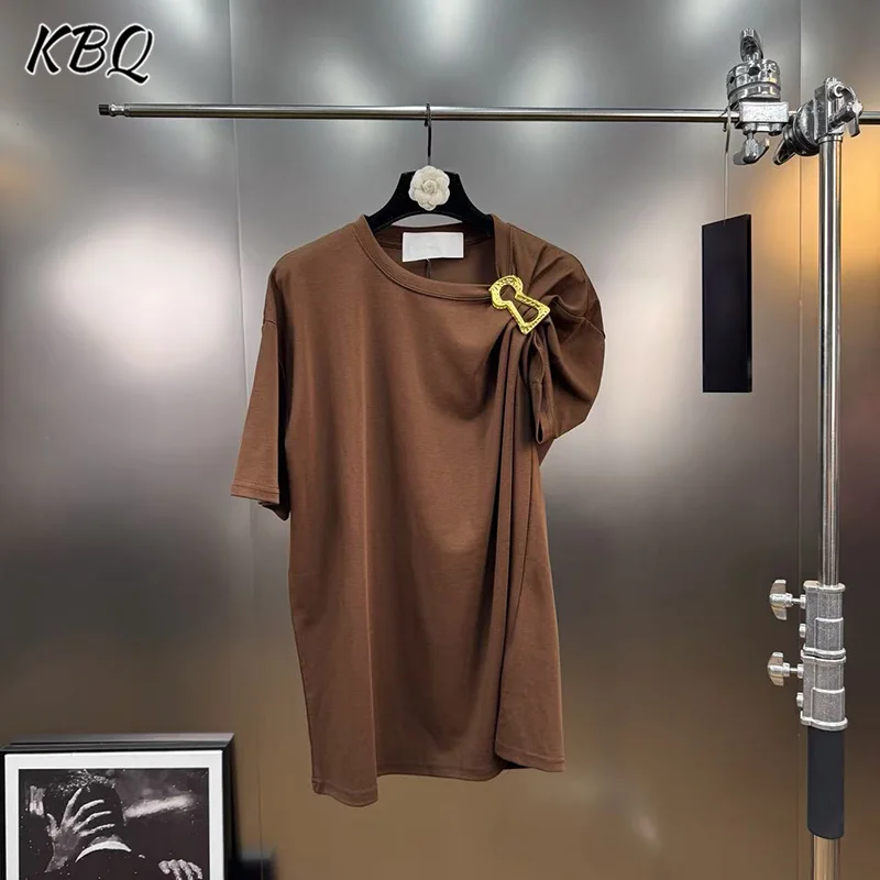 

KBQ однотонные металлические свободные футболки для женщин с круглым вырезом и короткими рукавами в стиле пэчворк, повседневная шикарная рубашка, женский модный стиль