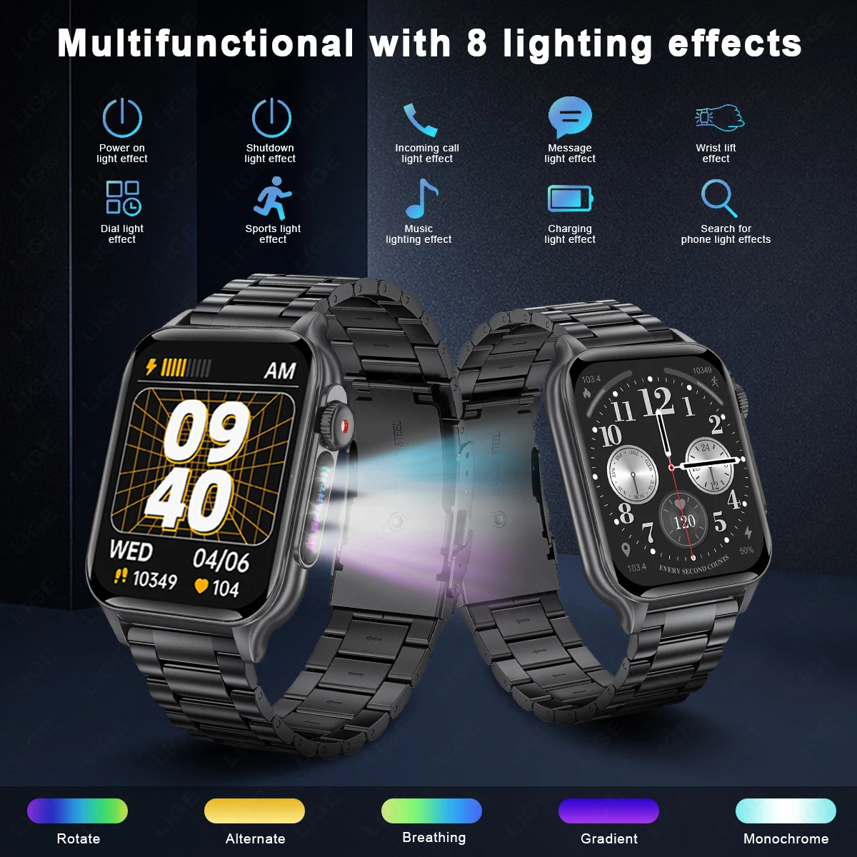 LIGE 1.96\'\' HD Screen Men Smart Watch LED Flashlight Outdoor Sport Smartwatch Heart Rate Alarm Function Health Bracelet 2024 New