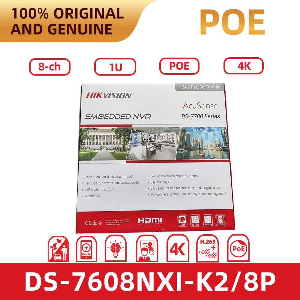 Hikvision DS-7608NXI-K2/8P 8CH POE NVR 4K AcuSense Face Recognition 80W PoE Network Video Recorder 2SATA HDD ONVIF CCTV Security