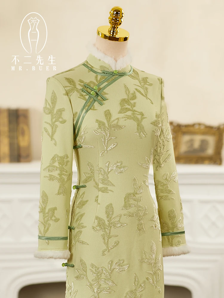 

Thiened Long Sve Women's with Fur Collar Warm Daily Wear een Floral Patterned Traditional Chinese Sle Dr