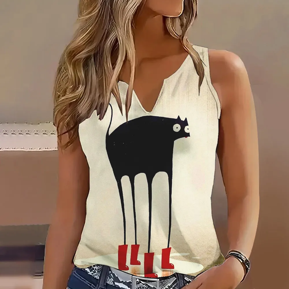 Street Fun Cat Pattern Art Print Casual Tank Top Lekki i wygodny top bez rękawów Letni duży luźny damski strój