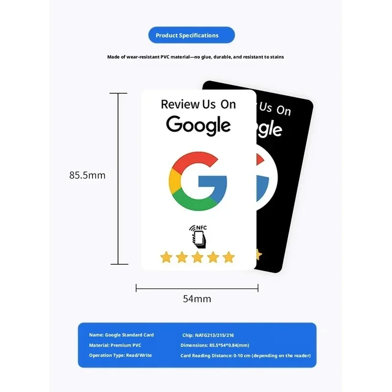 Google Review Tap NFC Card White NTAG215 13.56MHz Reusable Programmable Tag For Shop Customer Reviews