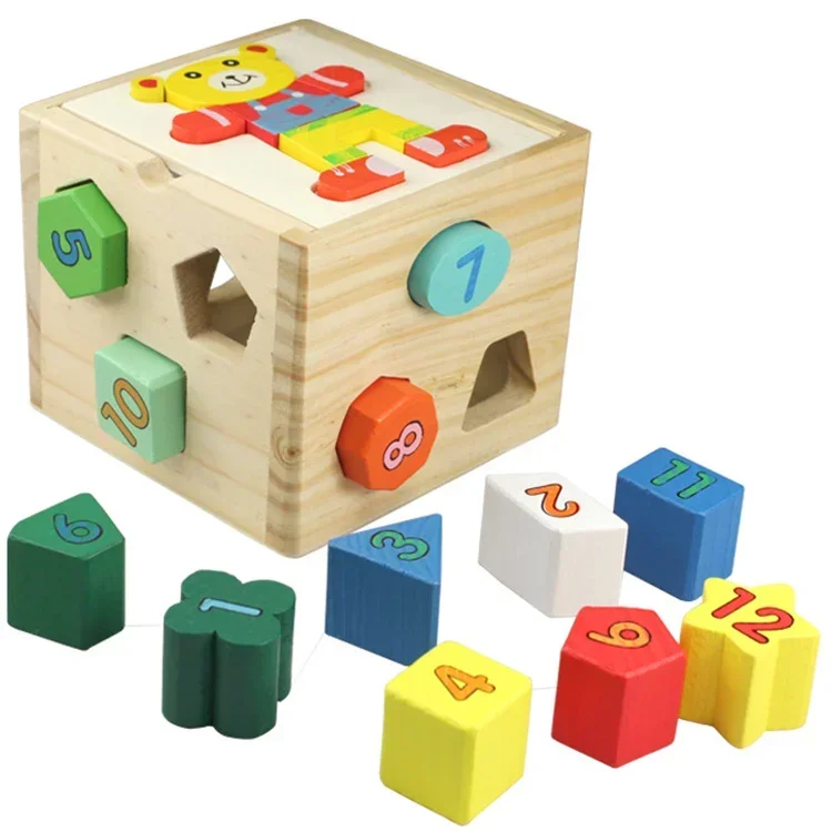 [ Funny ] 13 chunky shapes Bear Shape Sorting Cube Educational Understanding color shape digital Wooden Geometric blocks toys