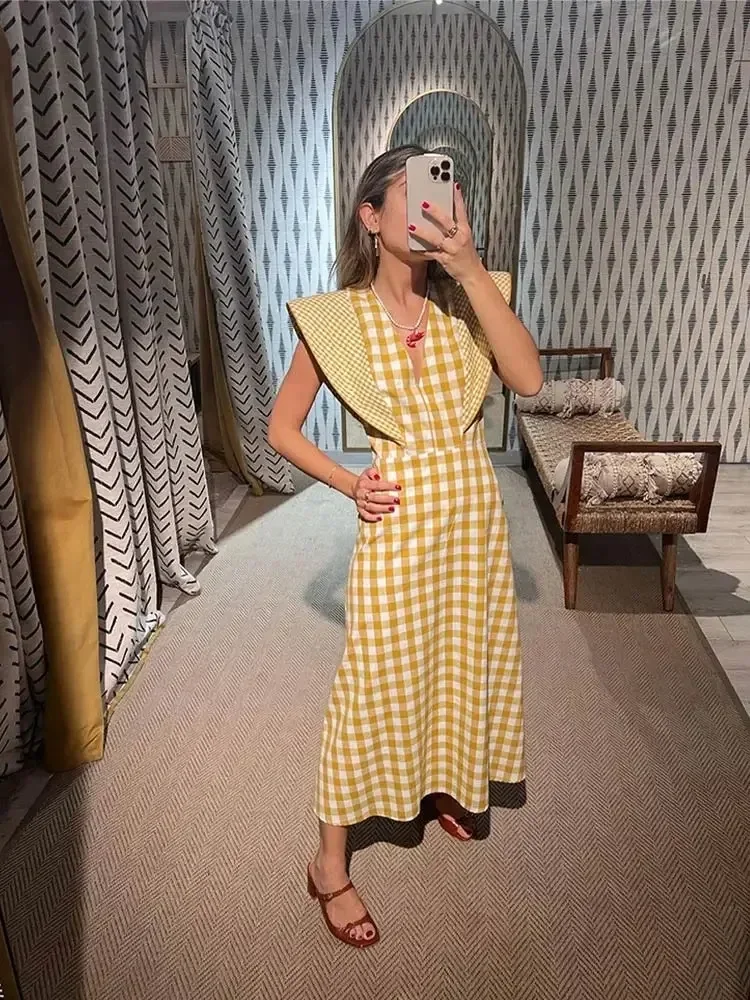 TRAF Fashion Fly Sleeve High Waist Big Hem Slim Long Dresse Women V Neck Plaid Print Maxi Dress Summer New Lady Holiday Vestidos