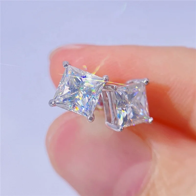 Luxury Moissanite Stud 2021 VVS Princess Diamond Earrings 18k White Gold Plated Sterling Silver Earrings