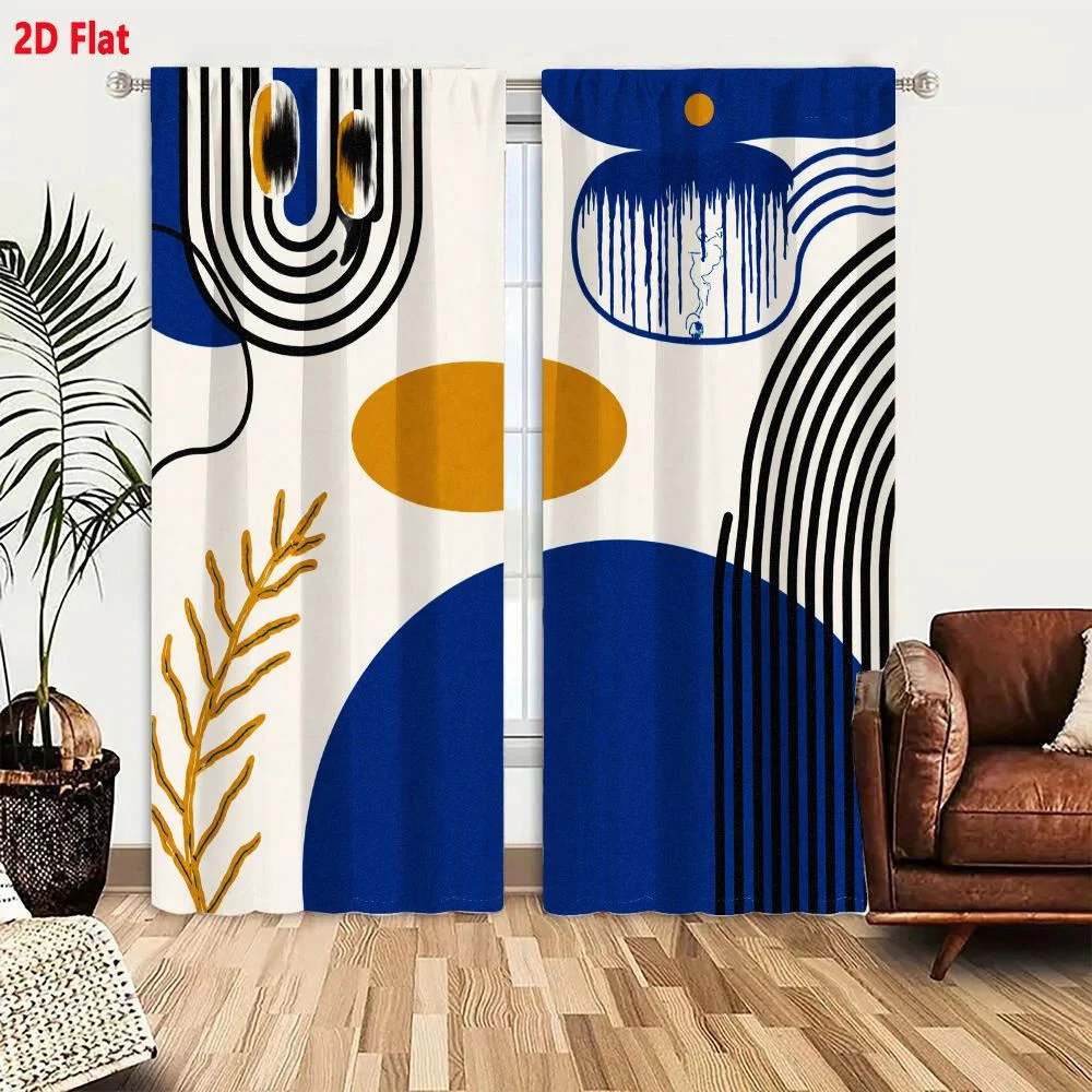 2Pcs Curtains 2D Flat Abstract Modern Artwork Geometric Organic Shapes Blue Black White Gold Stylized Forms Architectural Elemen