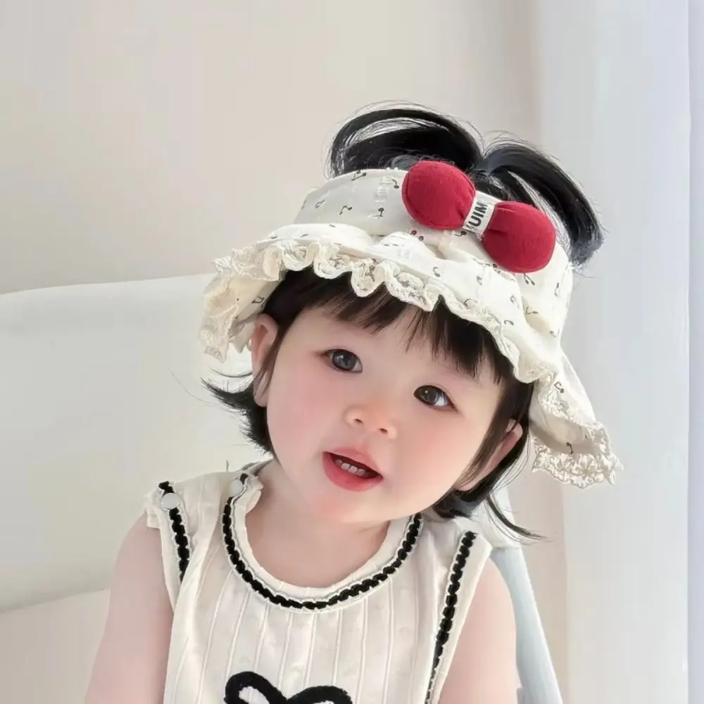 

Lace Trim Sun Visor Hat Breathable Hollow Top Large Brim Sun Visor Hat Cherry Print Red Bowknot Empty Top Sun Hat