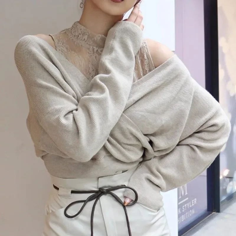 Sexy Lace Patchwork Off Shoulder Sweater Women Half High Collar Long Sleeve Loose Soft Knit Pullovers 2024 New Japanese Jumpers