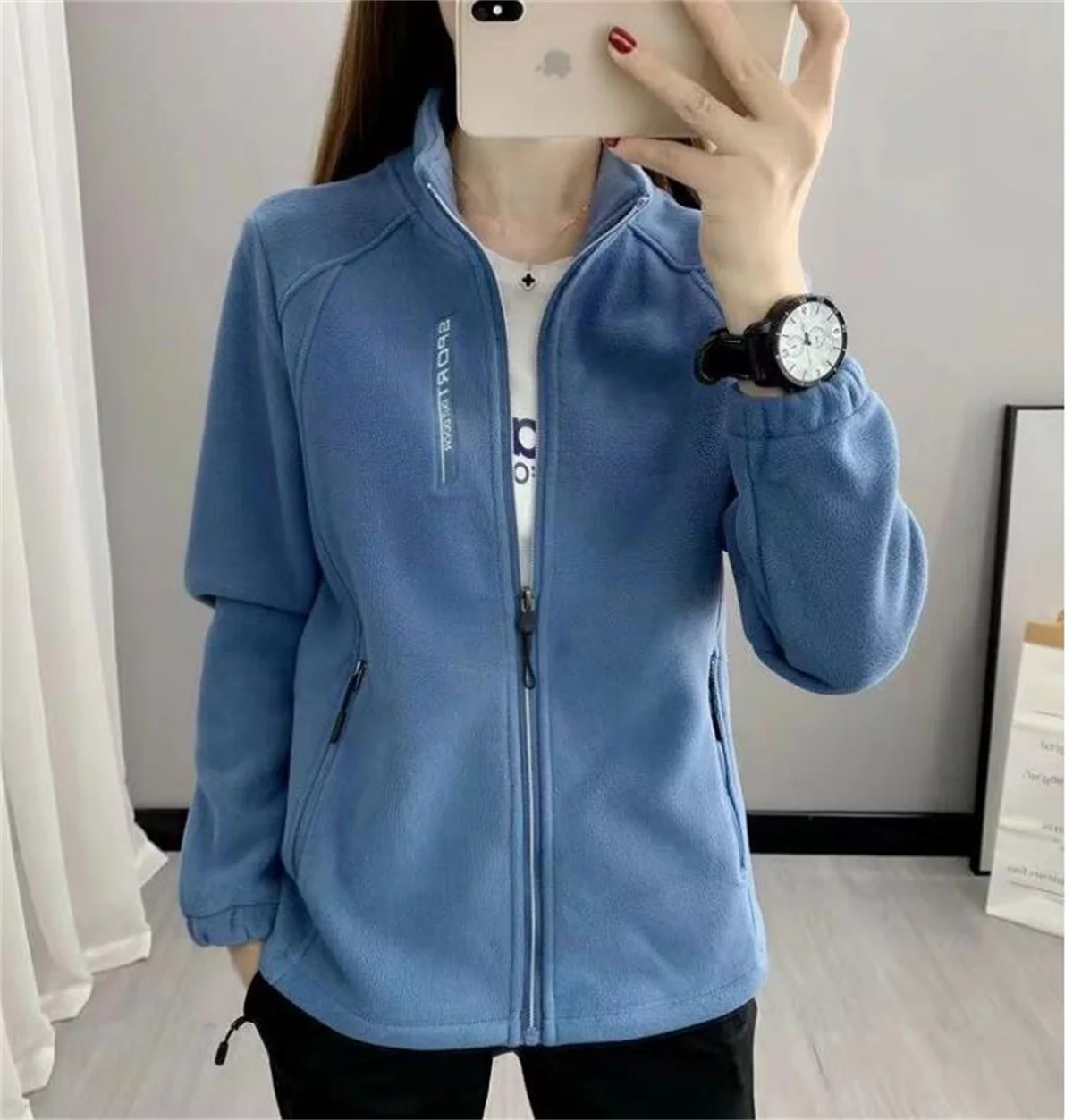 Women Autumn Winter Fleece Coat Plus Size Zipper Stand Collar Sweatershirt Casual Loose Outdoor Coat Long Sleeve Cardigan Jacket