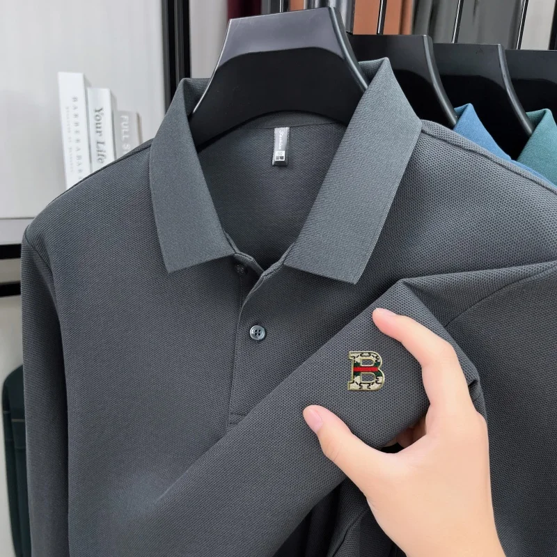 

100% pure cotton luxury brand men's long sleeved polo shirt spring autumn fashion B letter exquisite badge golf casual T-shirt