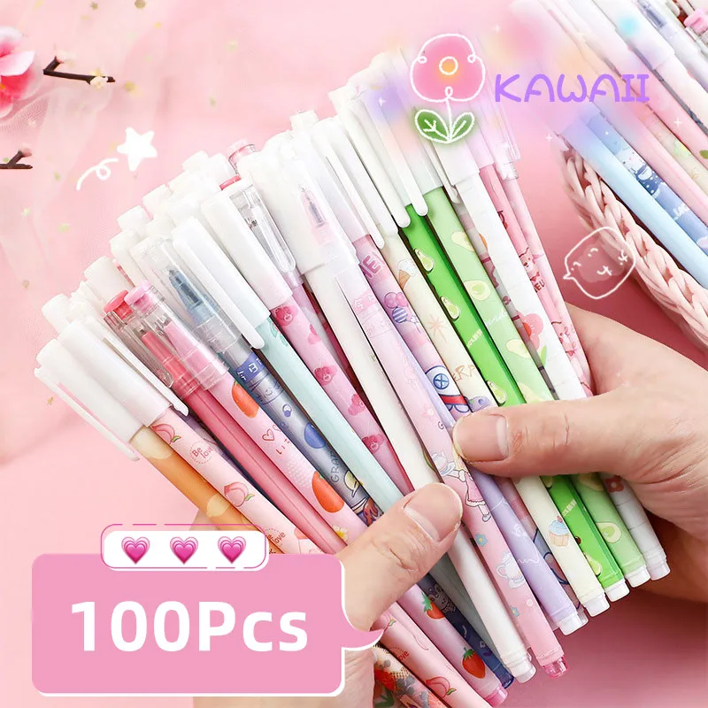 100Pcs/Lot Kawaii Cartoon Gel Pen 0.5mm Black Ink Neutral Pens Cute Stationery Office School Supplies Girl Gift Writing Pens