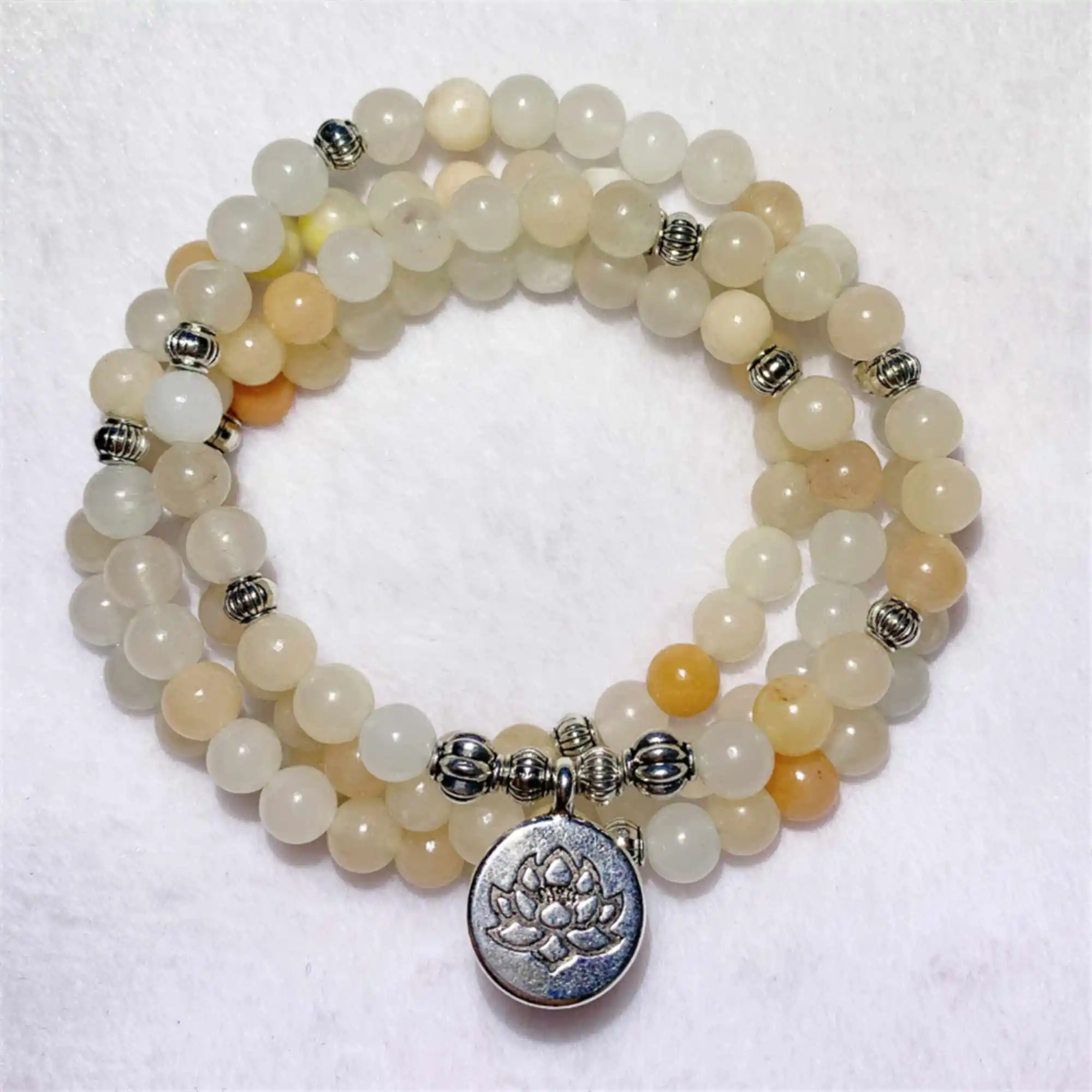 

Natural 6mm 108 Bead Topaz Gemstone Lotus Pendant Mala Bracelet Bohemian Charm Artisan Party Relief Mala Prayer