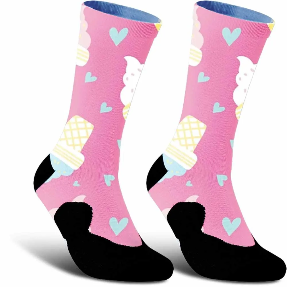 Beautiful heart-shaped ice cream patterned sports cycling socks, unisex, sweat absorbing, suitable for outdoor activities