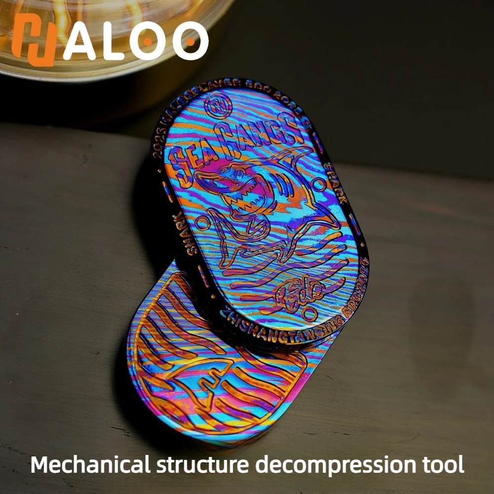 HALOOPLAYER EDC Sea Shark Rhythm, Juguete Mecánico de Titanio Damasco de Edición Limitada, Tipo Push-and-Rotate