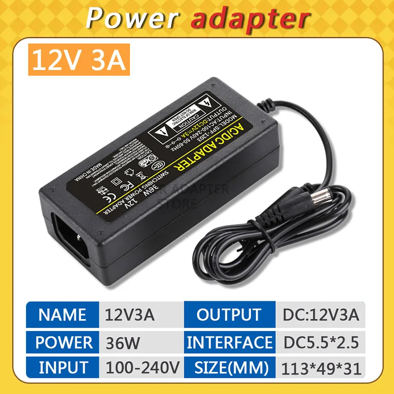 

DC 12V3A Power Supply Adapter, AC 100-240V to DC 12V 3A Switching Transformer Jack 5.5mm x 2.5mm for LED Strip, Light, Cameras