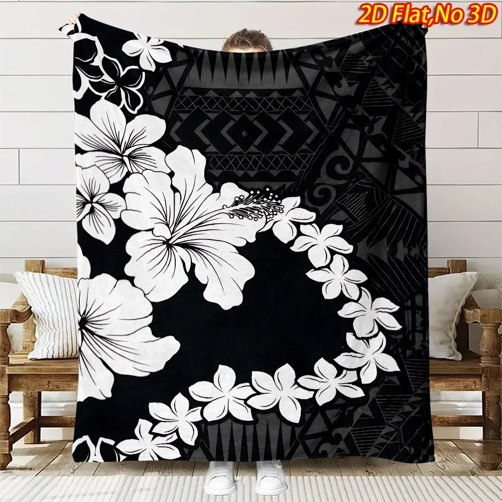 1pc 2D Flat Printing Spring & Summer New Arrival Black and White Hawaiian Floral Totem Themed Digital Print Blanket, Suitable fo
