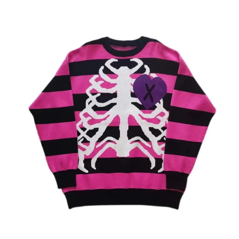 2024 Autumn/Winter New Sweater Gothic Bone Love Laugh Striped Top Warm Sweater y2k Fashion Niche Dressing Sweater