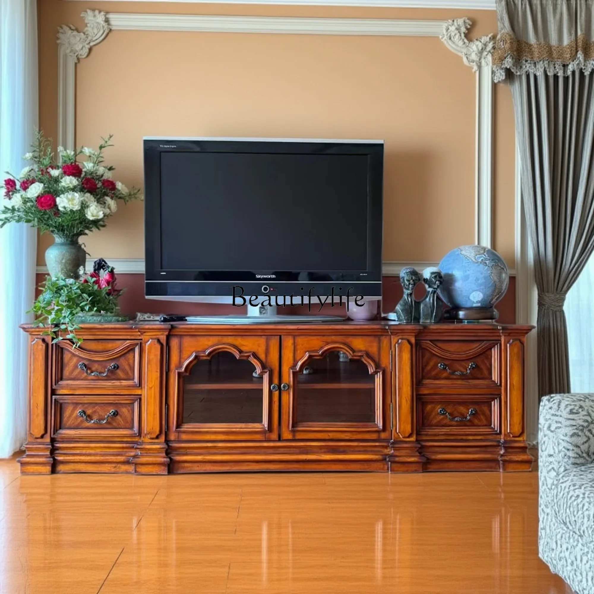 American retro solid wood living room TV cabinet European audio-visual cabinet Locker