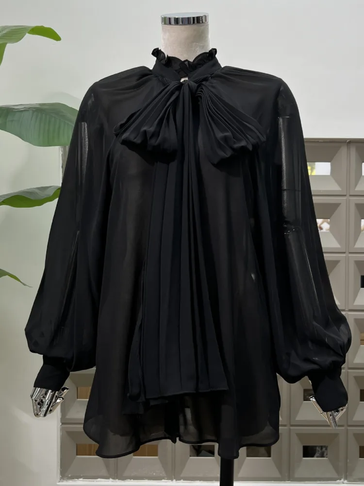 DFDG 2025 Primavera Estate Donna Sheer Manica lunga Nastro Cravatta Camicetta Gonna aderente Set Designer minimalista Office Beach Outfit