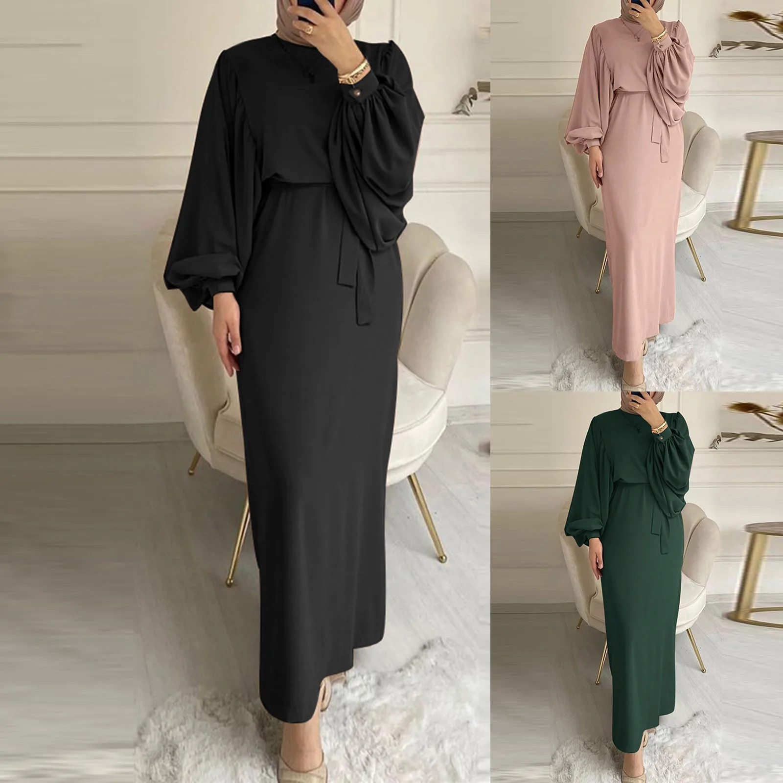 Ladies Muslim Puff Sleeve Solid Color Prayer Long Dress Women\'s Simple Belt Slimming Temperament Elegance Evening Dresses