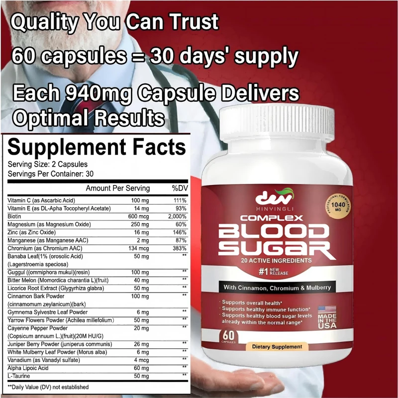Blood sugar complex supplement - all natural containing cinnamon, bitter gourd, chromium, garlic, hibiscus,olive leaves, non GMO
