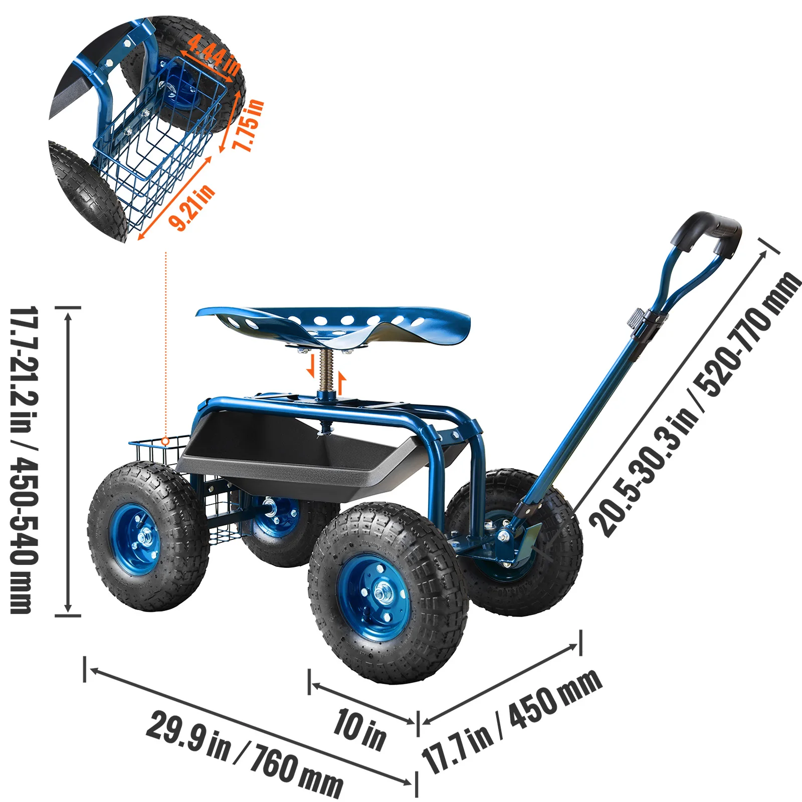 SucceBuy Tuinwagen Rollende werkstoel met wielen Tuinkruk voor planten 360 graden draaibare stoel Wagon Scooter met stuurinrichting