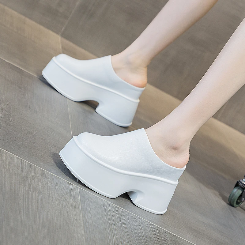 Height Increasing Ladies 11cm Genuine Leather Pumps Fashion Platform Wedge White Slippers New Women Slip on Casual Females Shoes