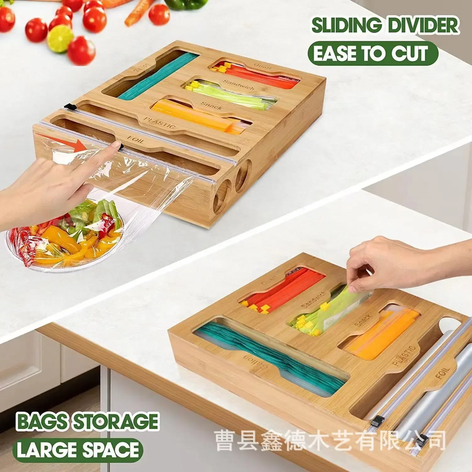 Kitchen Storage Shelf Plastic Wrap Dispenser With Cutter Bamboo Ziplock Bag Organizer And Foil And Plastic Wrap Organizer