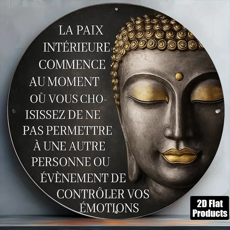 Une plaque décorative rétro en bois, plate et ronde, de style français, sur le thème de la « paix intérieure », de la « philosophie bouddhiste ».